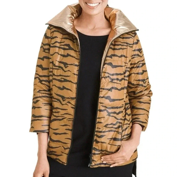 CHICOS ZENERGY Reversible Puffer Jacket Metallic Pink Animal Print Ladys Medium - Picture 1 of 11
